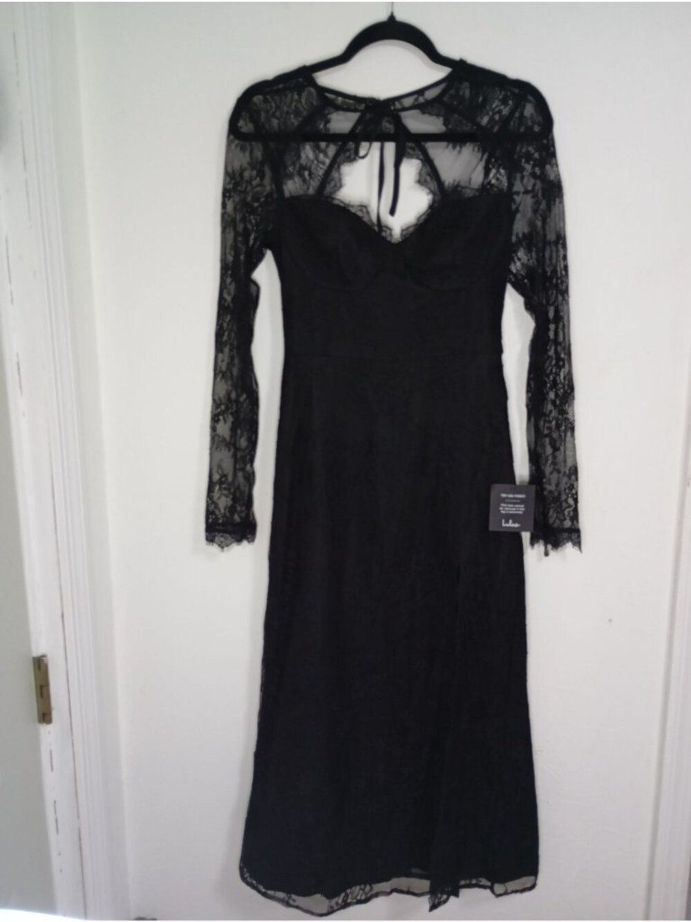 NWT Lulus Black Lace Midi Dress Sheer Long Sleeves  Keyhole Back - Size S